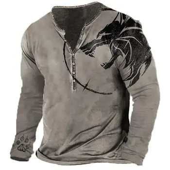 Pánske Dlhý Rukáv T Shirt 3d Tlač Zvierat Vlk Grafické Tees Imitácia Bavlna Henley Tričko Jeseň Retro Nadrozmerné Mužské Oblečenie